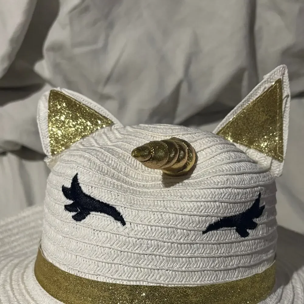 Claire’s White Unicorn straw Sun Hat with Gold Accents NWT perfect wide brim